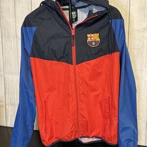Men’s FCB Windbreaker Jacket Size XL NWOT Red Blue Navy Hooded FC Barcelona Socc